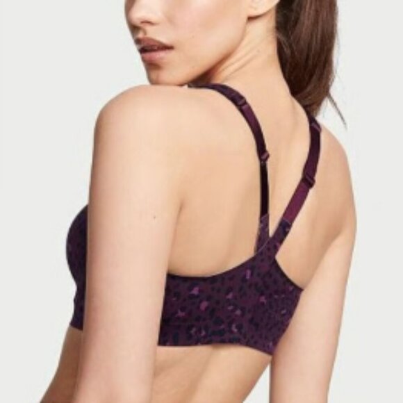 Victoria's Secret VSX Knockout Front Close Sports Bra Deep Purple Leopard 34D - Picture 2 of 13